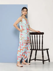 Blue Floral Printed Gotta Patti Kurti With Dhoti Pants & With Dupatta-AHKUDUDO-COMBO-622-ICH