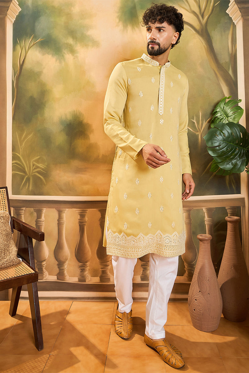 Yellow Silk Blend Solid Embroidered Straight Kurta MKU1434
