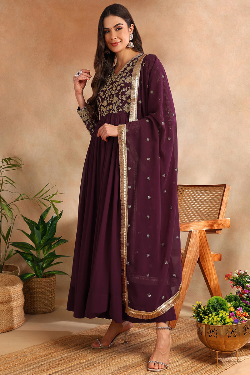 Wine Georgette Solid Embroidered Anarkali Kurta Set VKSET1520WIN