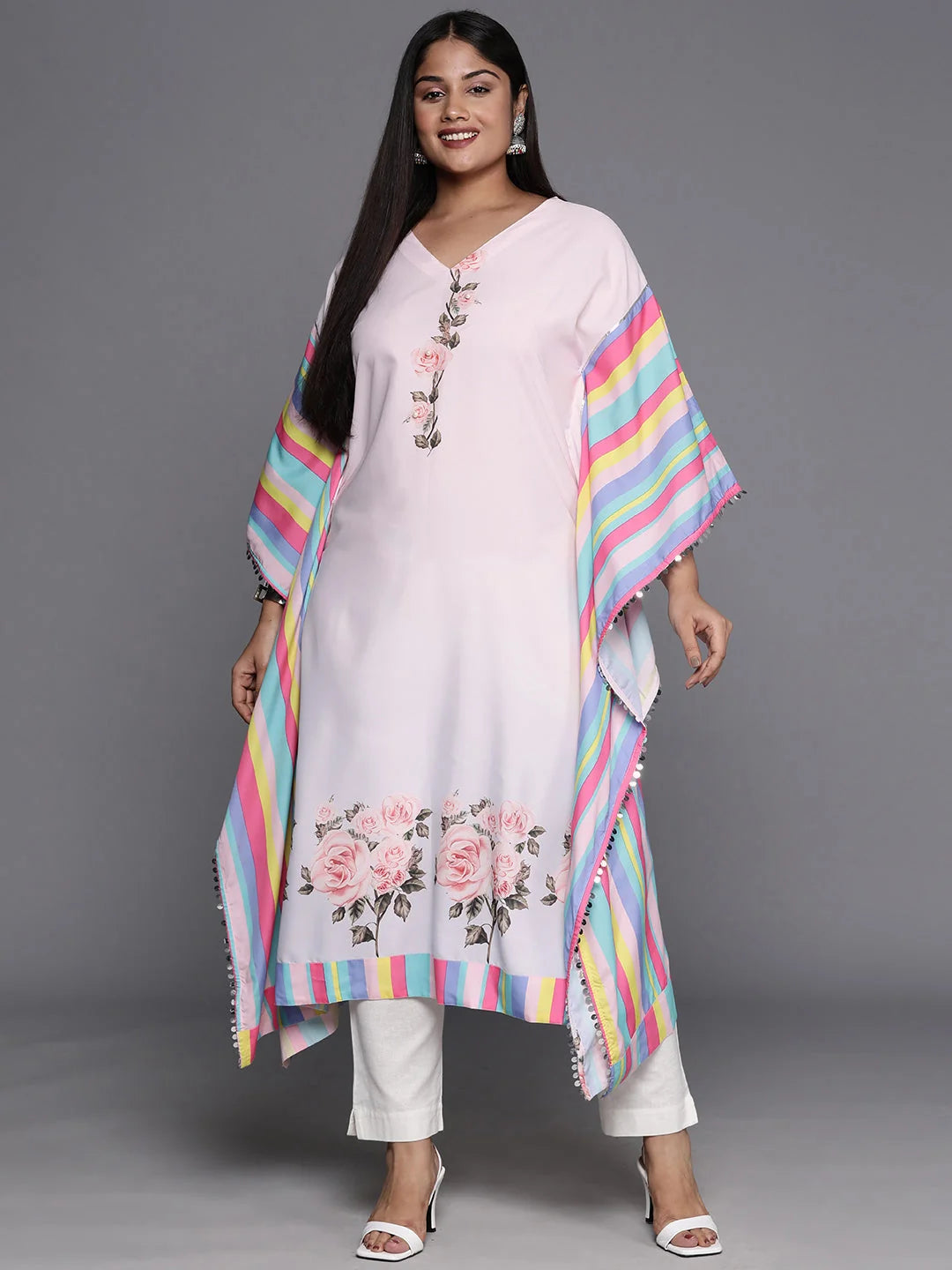 Pink & Yellow Printed Plus Size Kaftan Kurta-AP-AHKFCRDP-6060