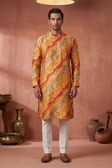 Yellow Silk Blend Printed Straight Kurta With Trousers MKSET2168