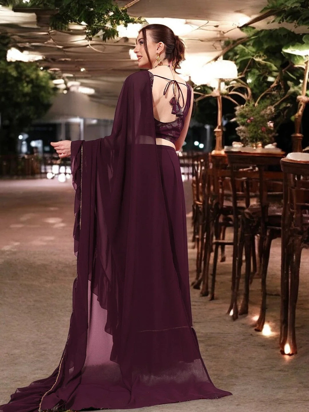 Burgundy Ruffle Saree | Designer Sarees India