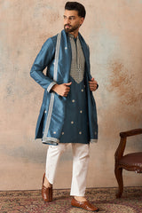 Blue Silk Blend Solid Embroidered Kurta With Dupatta MKUD1048