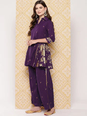 Burgundy Floral Printed Ethnic Tunic with Palazzos-AHTUPN-Combo-840-ICH