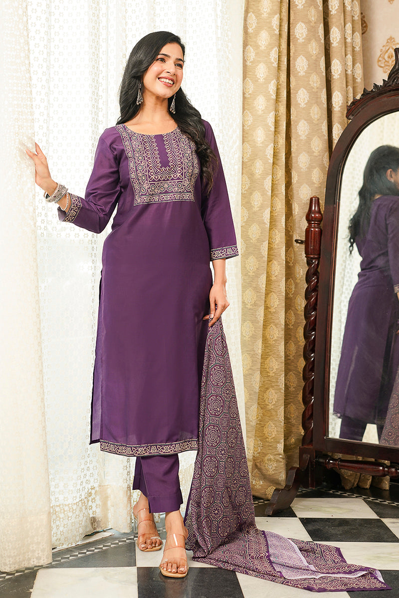 Purple Rayon Blend Ajrakh Printed Straight Kurta Trousers With Dupatta PKSKD3067