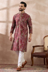 Red Silk Blend Printed Mandarin Collar Straight Kurta MKU1959