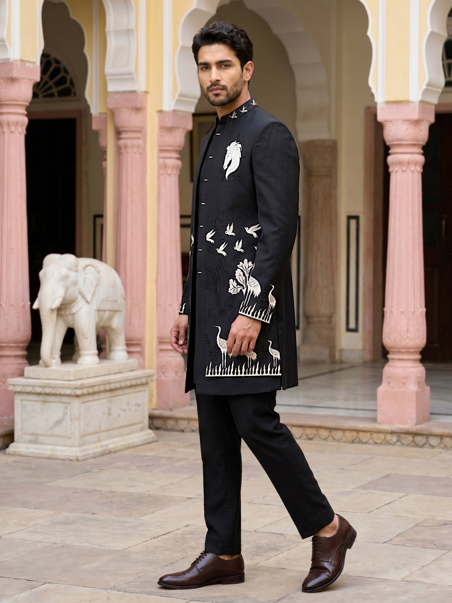 DesiQlo Men Embroidered Indo Western Set - Black - 50JIND_225Black_S