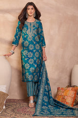 Blue Rayon Blend Floral Printed Straight Kurta Trouser With Dupatta VKSKD3215