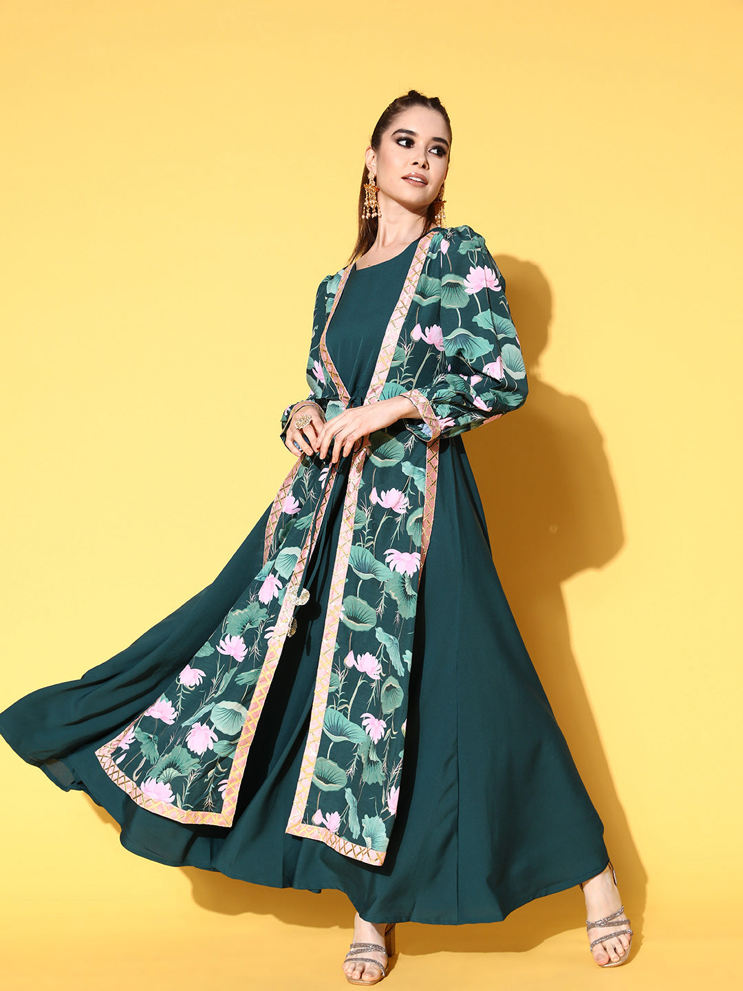 Green Floral Printed Layered Maxi Dress | Indian Dresses Online