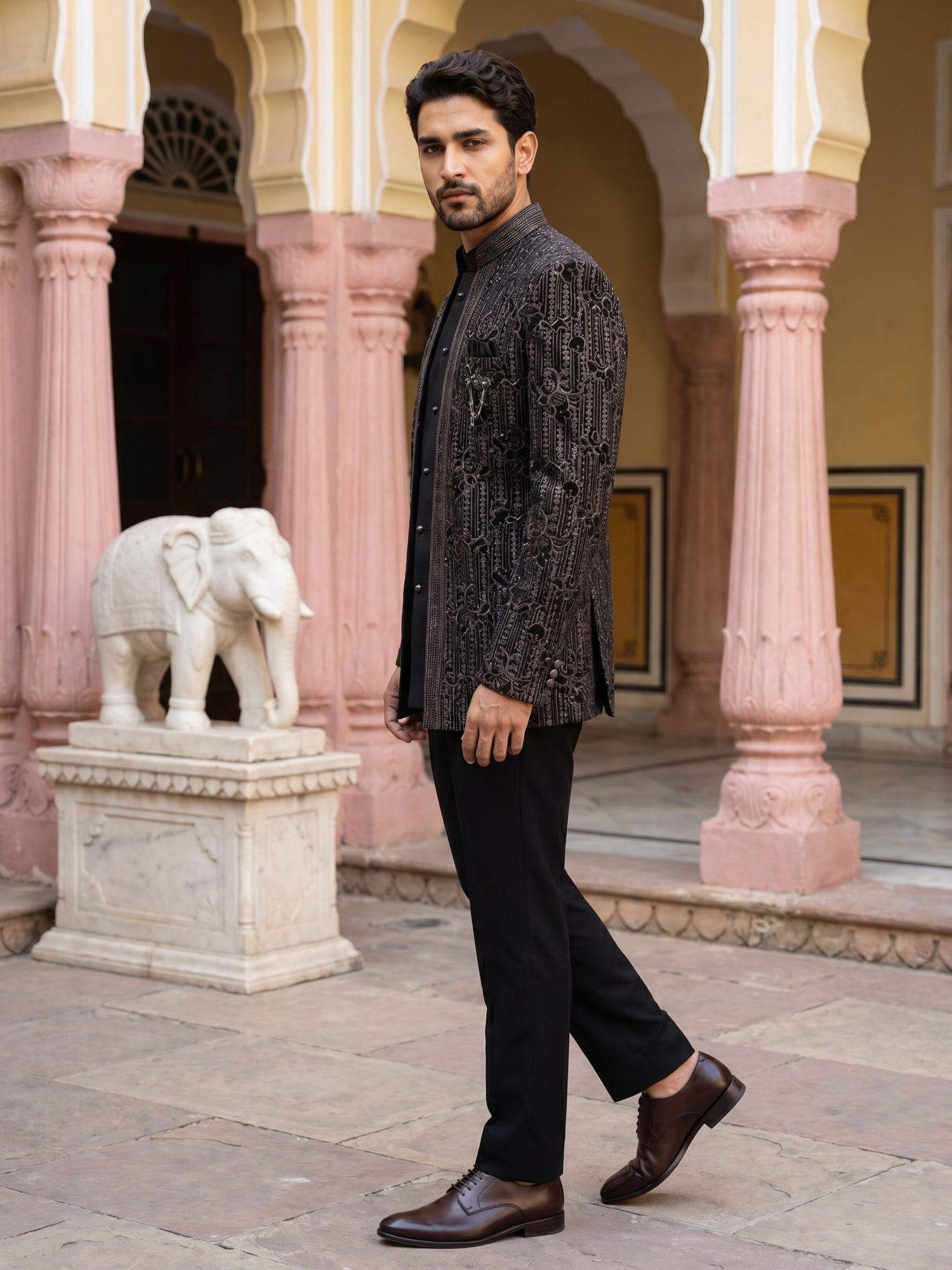 DesiQlo Men Embroidered Indo Western Set - Black - 50JIND_219Black_S