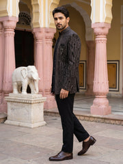 Men's Velvet Embroidered Indo-Western Set ( 50JIND 219Black )