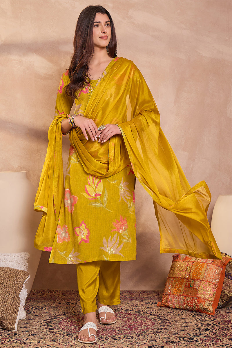 Yellow Viscose Floral Printed Straight Kurta Sets PKSKD3163