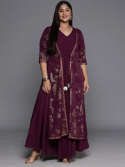 Burgundy & Gold Plus Size Floral Print A-line Maxi Ethnic Dress-AP-AHDRCRSM-995-FF