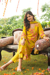 Yellow Rayon Blend Floral Straight Kurta Trousers With Dupatta PKSKD3052