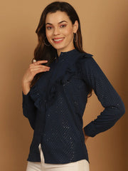 Blue Woven Design Frill Top-JNT-2025Blue