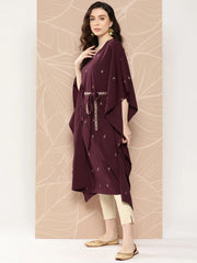 Burgundy Floral Printed Belted Detail Kaftan Kurta-AHKFCRGP-6074-ICH