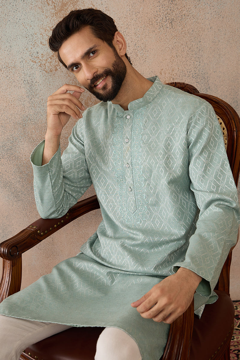 Green Linen Blend Geometric Woven Design Kurta With Trouser MKSET2365
