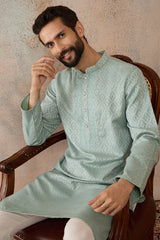 Green Linen Blend Geometric Woven Design Kurta With Trouser MKSET2365