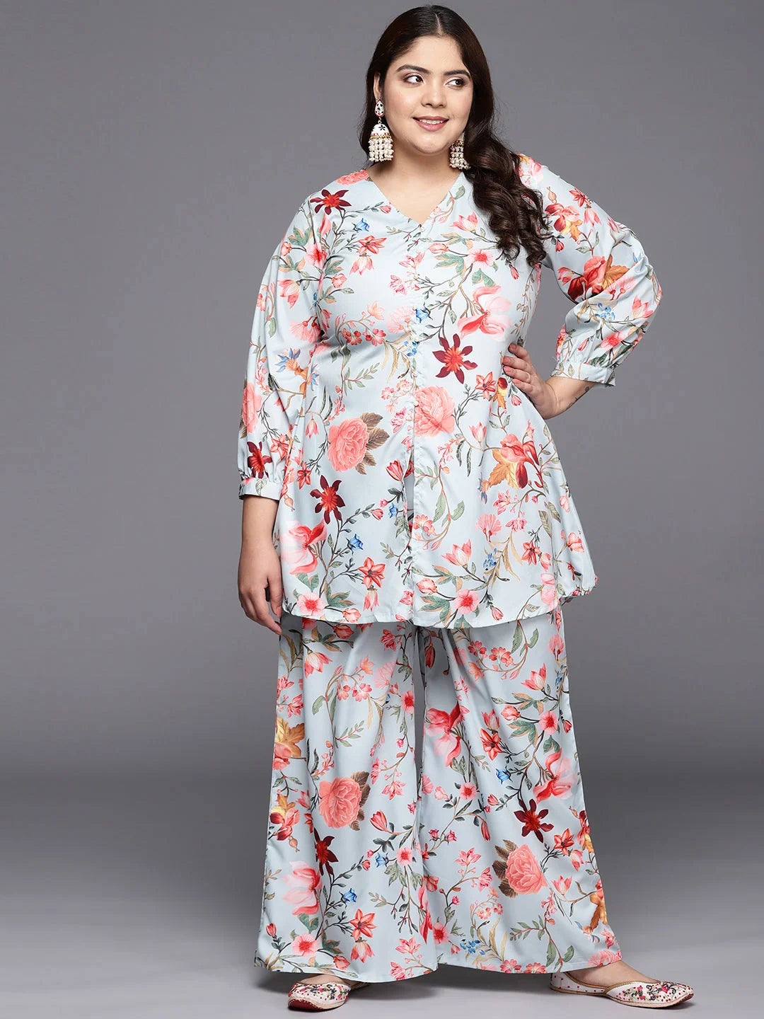 Grey & Pink Floral Printed Plus Size Tunic with Palazzos-AP-AHTUPZ-COMBO-613-ICH