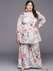 Grey & Pink Floral Printed Plus Size Tunic with Palazzos-AP-AHTUPZ-COMBO-613-ICH