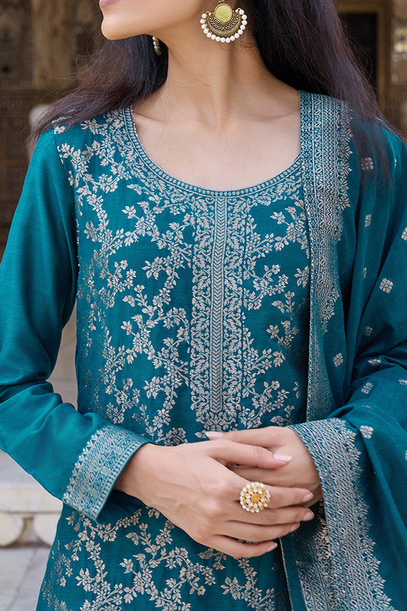 Teal Blue Poly Chanderi Solid Woven Design Straight Trouser Suit Set P