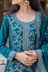 Teal Blue Poly Chanderi Solid Woven Design Straight Trouser Suit Set PKSKD2628