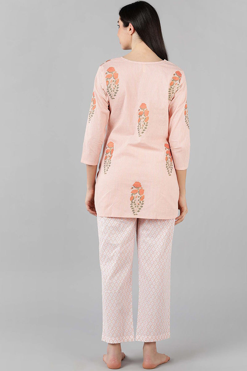 Peach Cotton Striped Night Suit VNWK1054 | DesiQlo