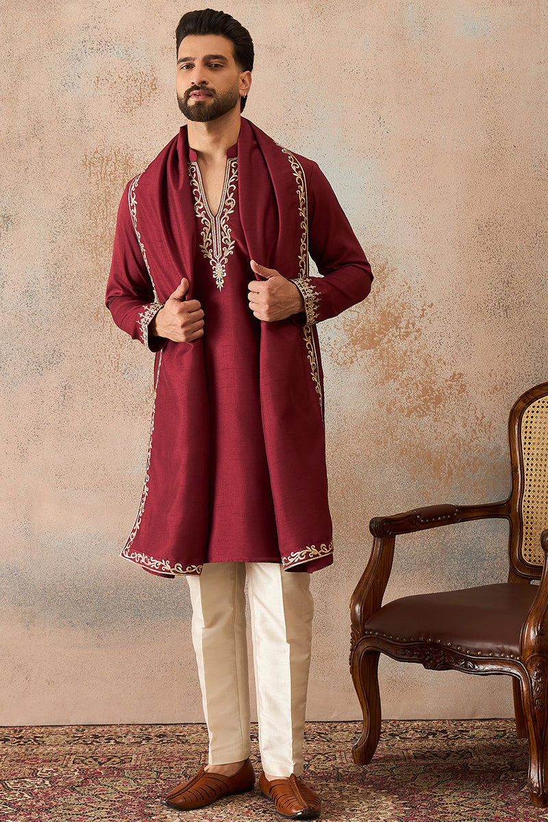 Maroon Silk Blend Solid Embroidered Kurta With Dupatta MKUD1036
