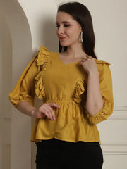 Black Solid Women's Top With Frills-JNT-2024Mustard
