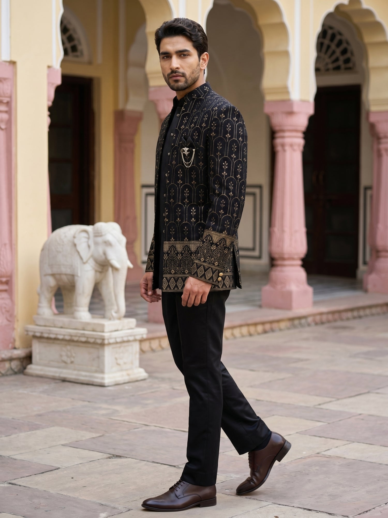 DesiQlo Men Embroidered Indo Western Set - Black - 50JIND_217Black_S