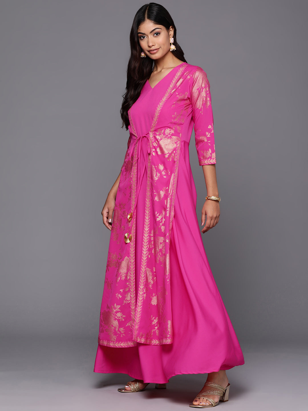 Pink & Gold Floral Print Layered A-Line Maxi Dress-AHEDCRSM-222