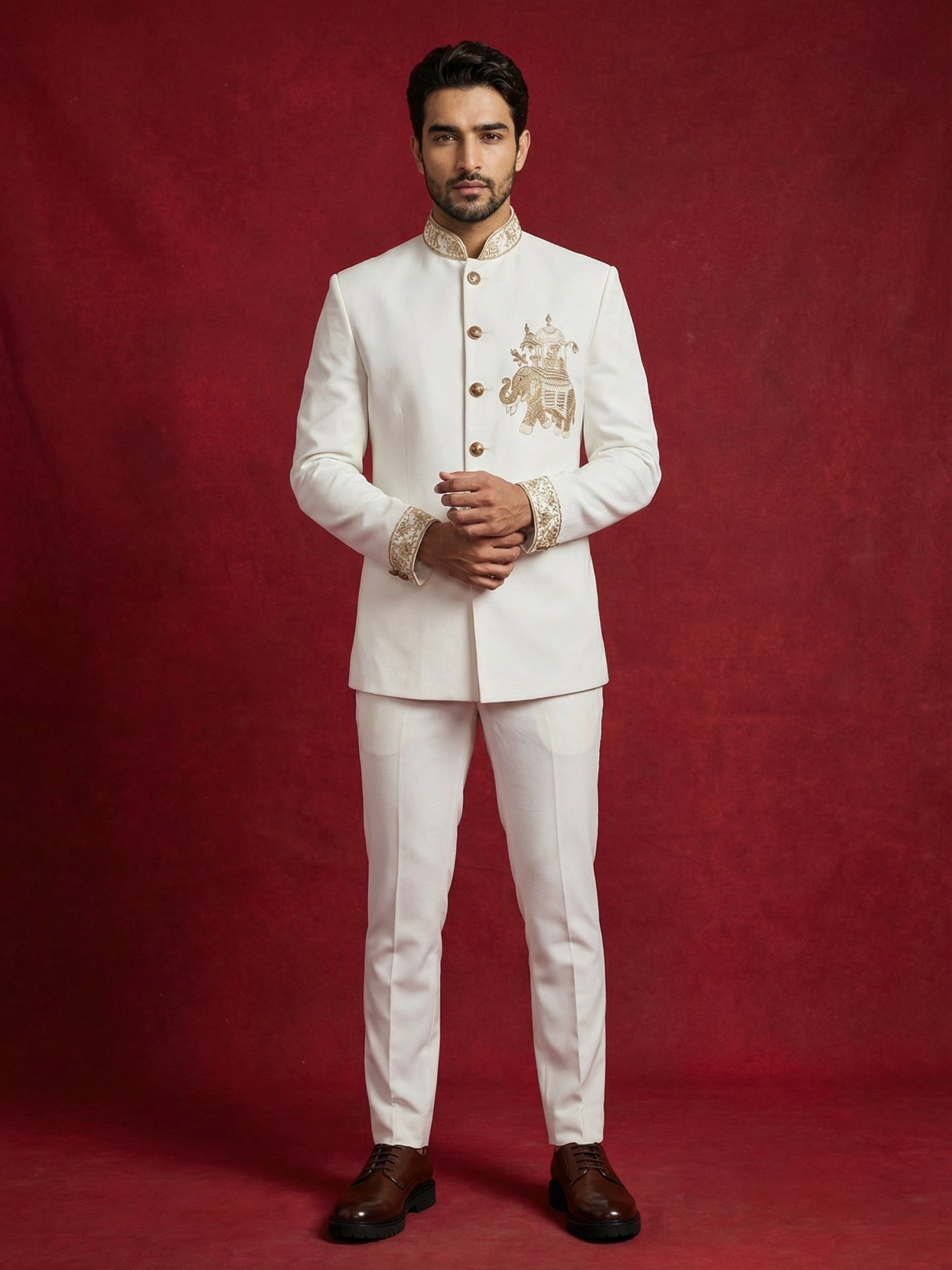 DesiQlo Men Embroidered Indo Western Set - White - 50JIND_156White_S