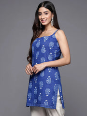 Blue & White Floral Printed Pure Cotton Tunic-AHTUCOKHGL-8121