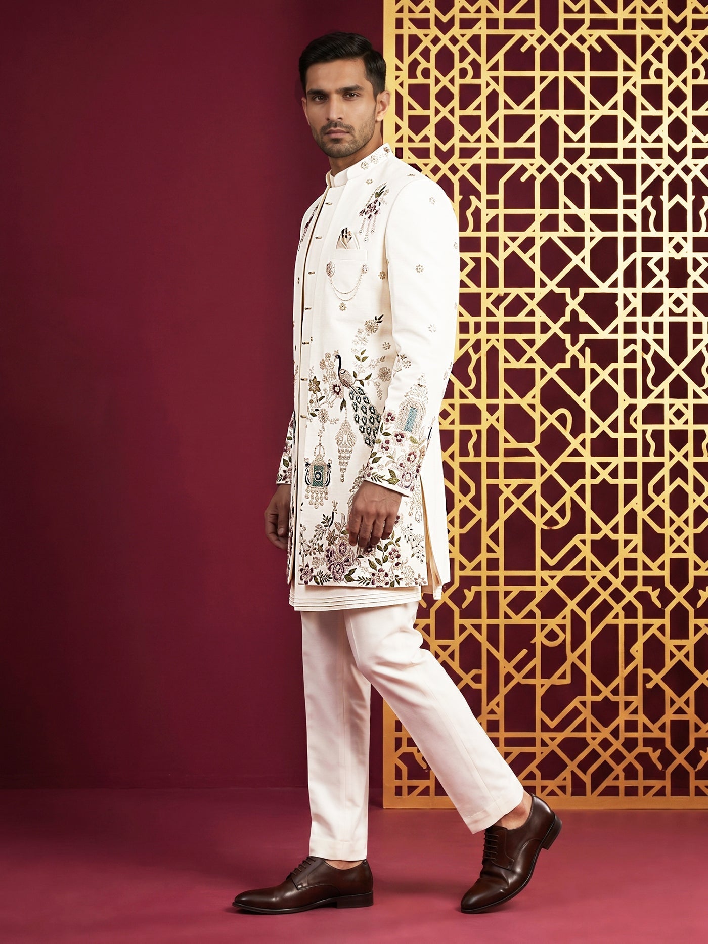DesiQlo Men Embroidered Indo Western Set - White - 50JIND_224Off-White