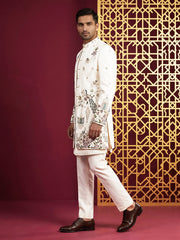 Silk Blend Peacock & Floral Embroidered Indo-Western Set ( 50JIND 224Off-White )