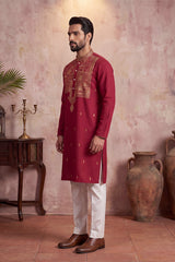 Red Silk Blend Solid Emboidered Straight Kurta MKU2375