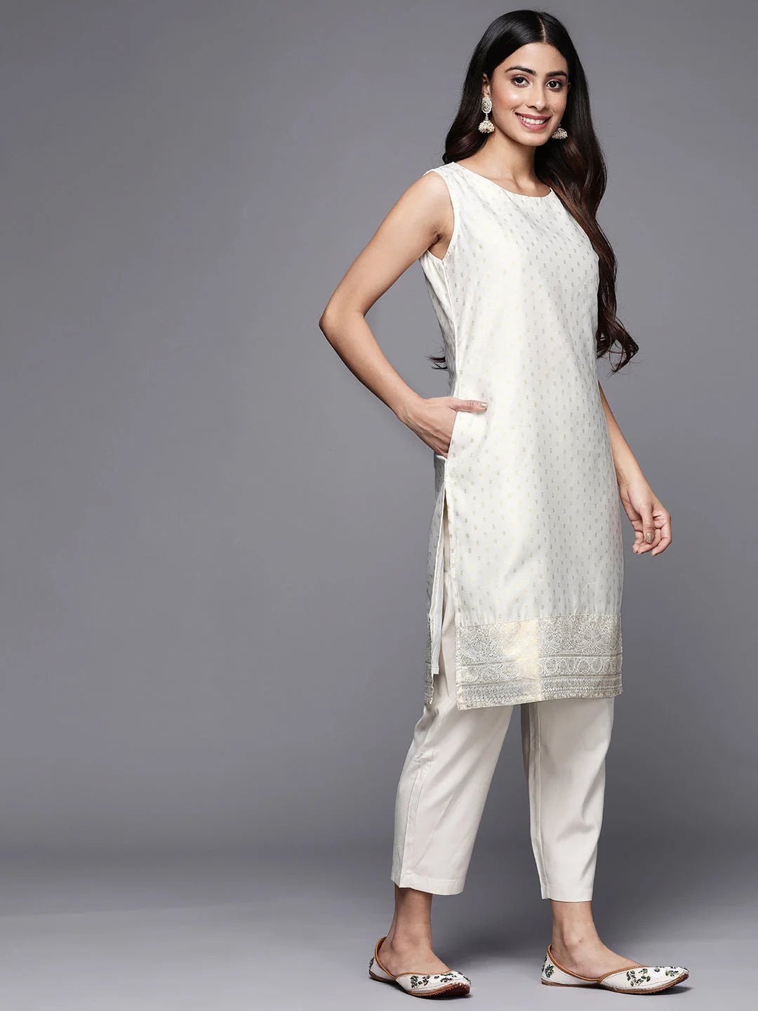 Off White & Gold Printed Indian Kurta | Elegant Ladies Kurti