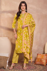 Silk Blend Ethnic Motifs Printed Yellow Kurta And Trousers With Dupatta PKSKD3232