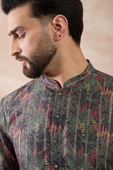 Black Silk Blend Printed Mandarin Collar Straight Kurta MKU2097