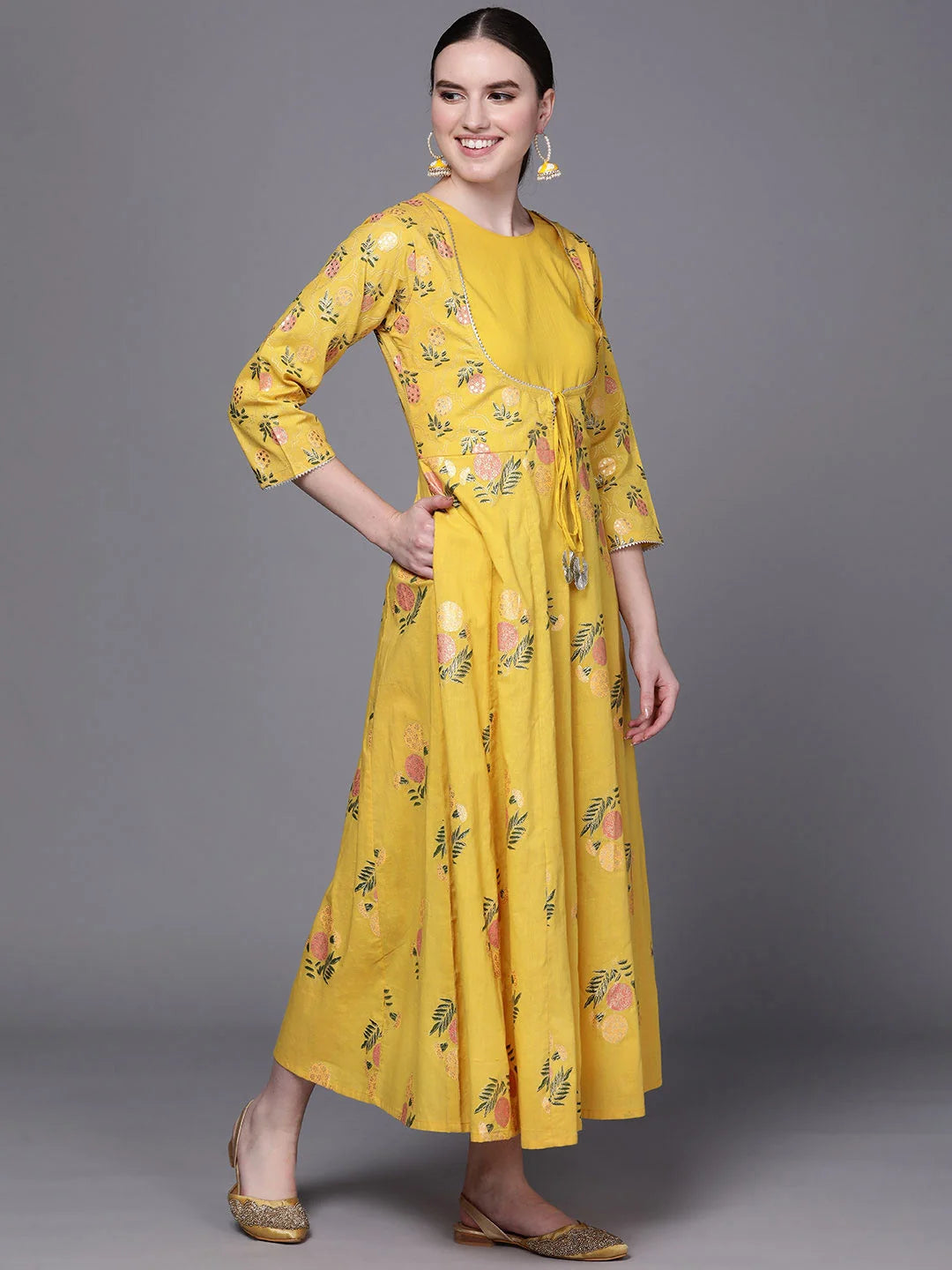 Yellow Floral Cotton Dress | Indian Cotton Dresses Online