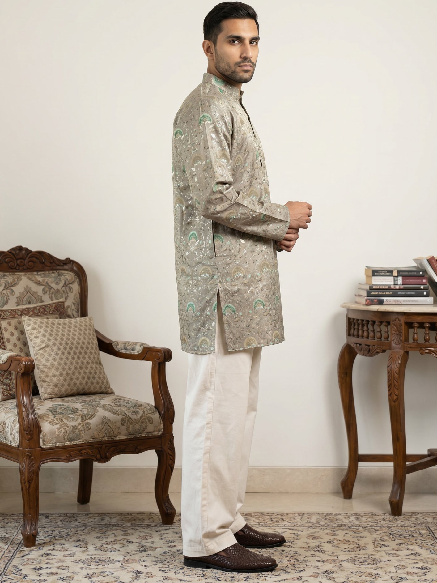 DesiQlo Men Printed Kurta Pyjama Set - Grey - 65KP_PJ11W_5587Grey_S