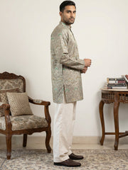 Silk Blend Foil Print Kurta & Korean Pants Set ( 65KP PJ11W 5587Grey )