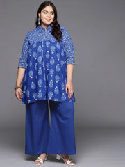 Blue Printed Plus Size Pure Cotton Tunic with Palazzos-AP-AHTUPZ-COMBO-703