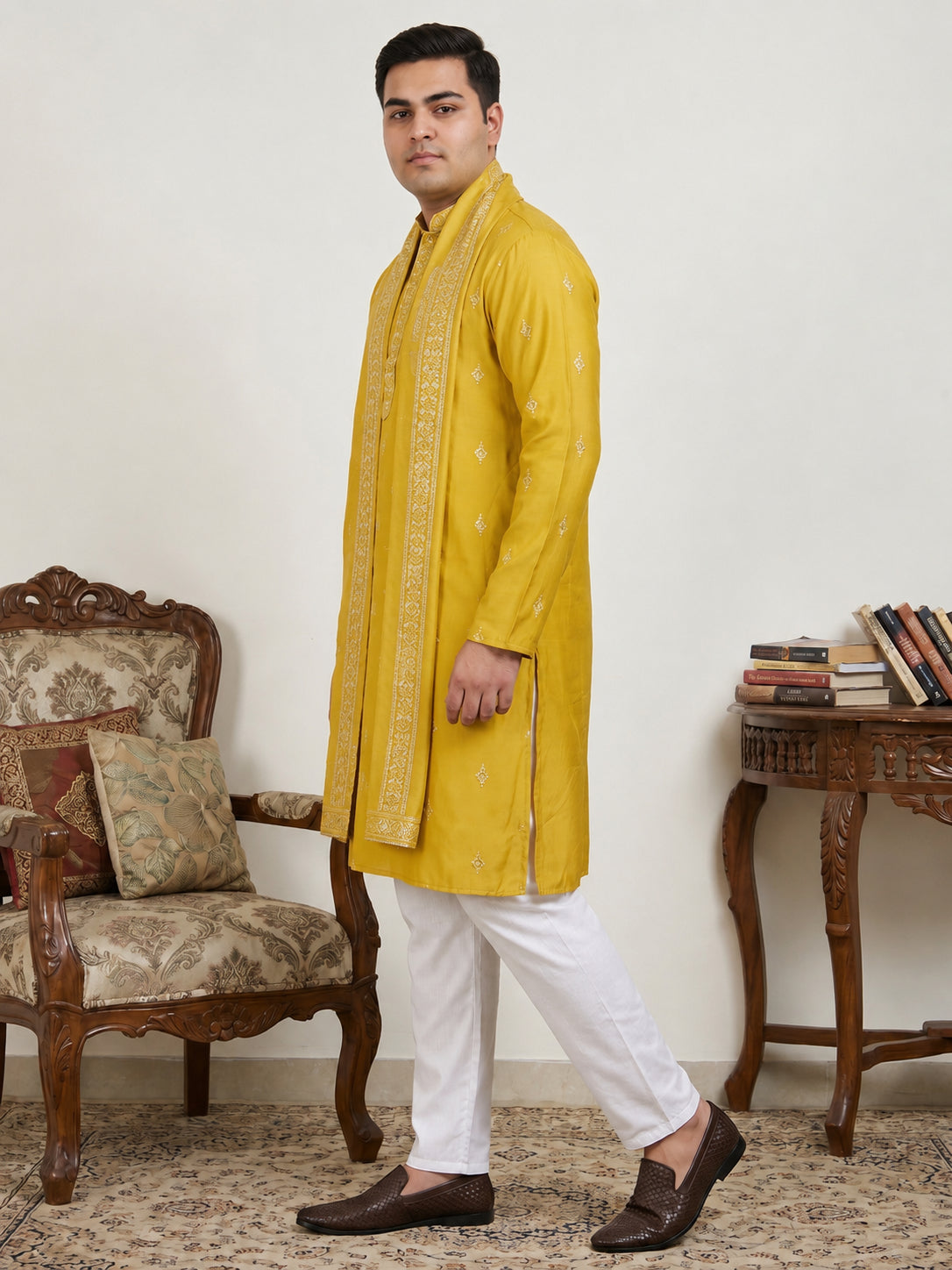 DesiQlo Men Embroidered Kurta Pyjama Set - Yellow - JOKP_D_5088Mustard