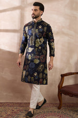 Navy Blue Silk Blend Printed Mandarin Collar Straight Kurta With Trouser MKSET1961