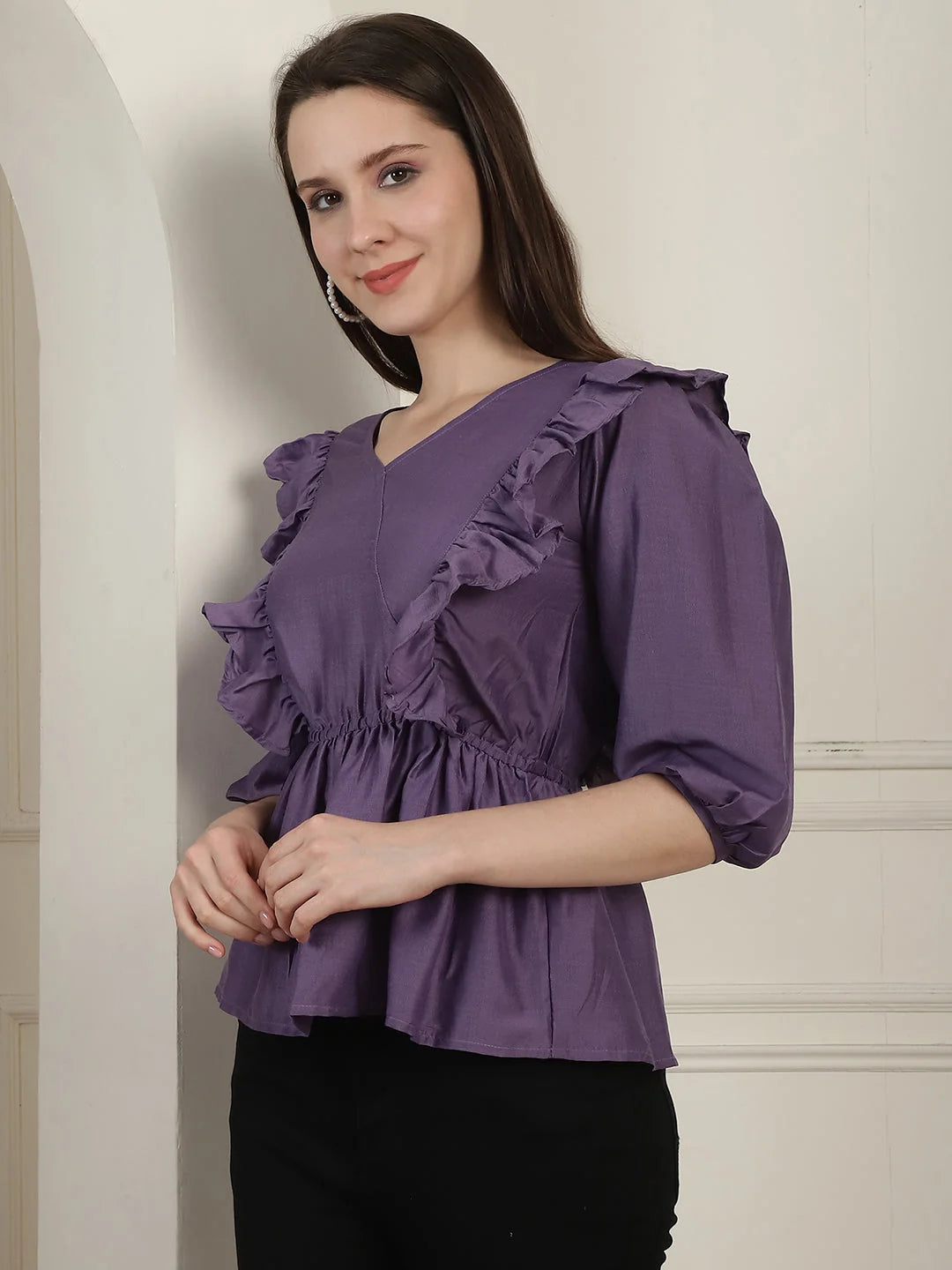 Purple Frilled Women's Top | Cotton Blend Blouses & Shirts