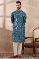 Blue Silk Blend Printed Mandarin Collar Straight Kurta With Trouser MKSET1998