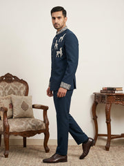 Deer Embroidered Japanese Fabric Indo-Western Set ( 50JIND 216Navy )