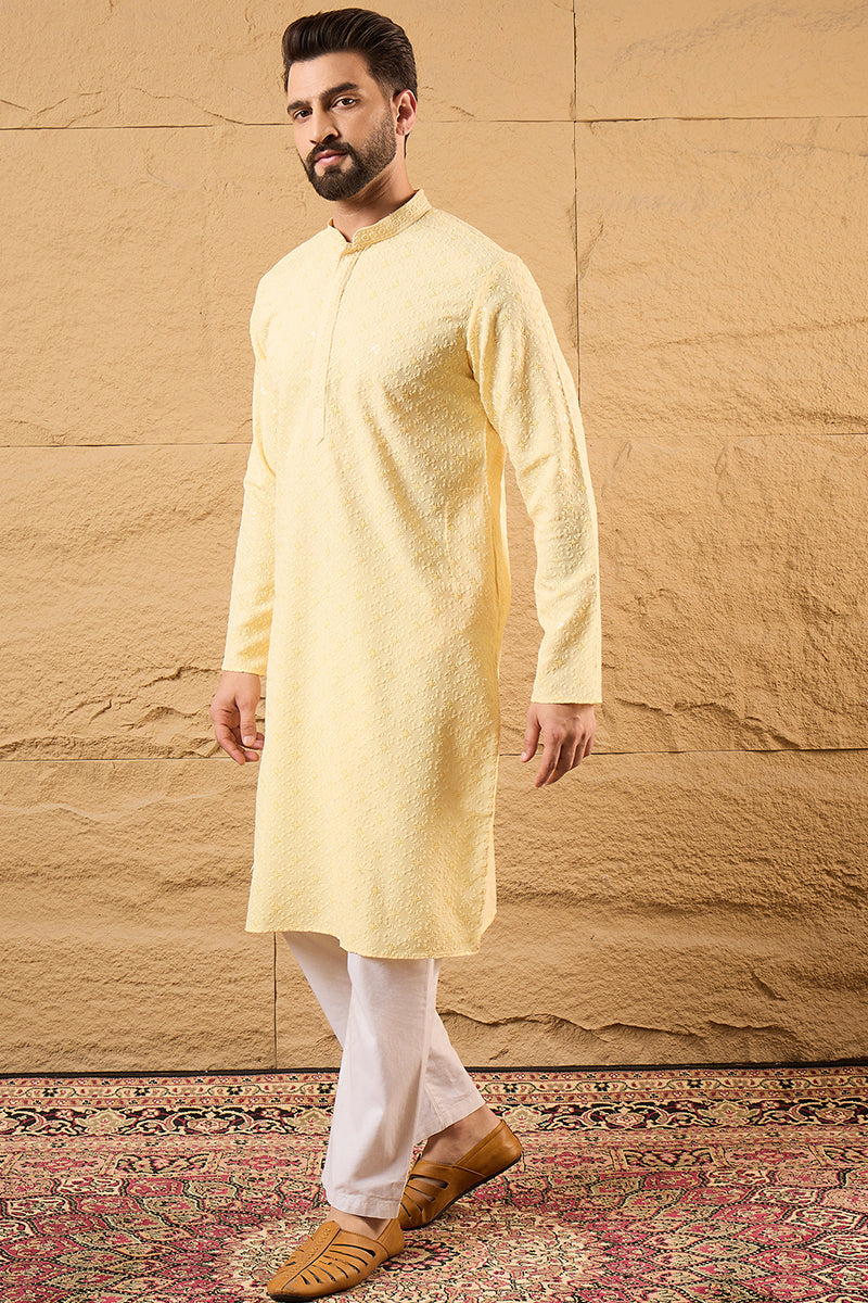 Yellow Rayon Blend Solid Embroidered Straight Kurta MKU1218
