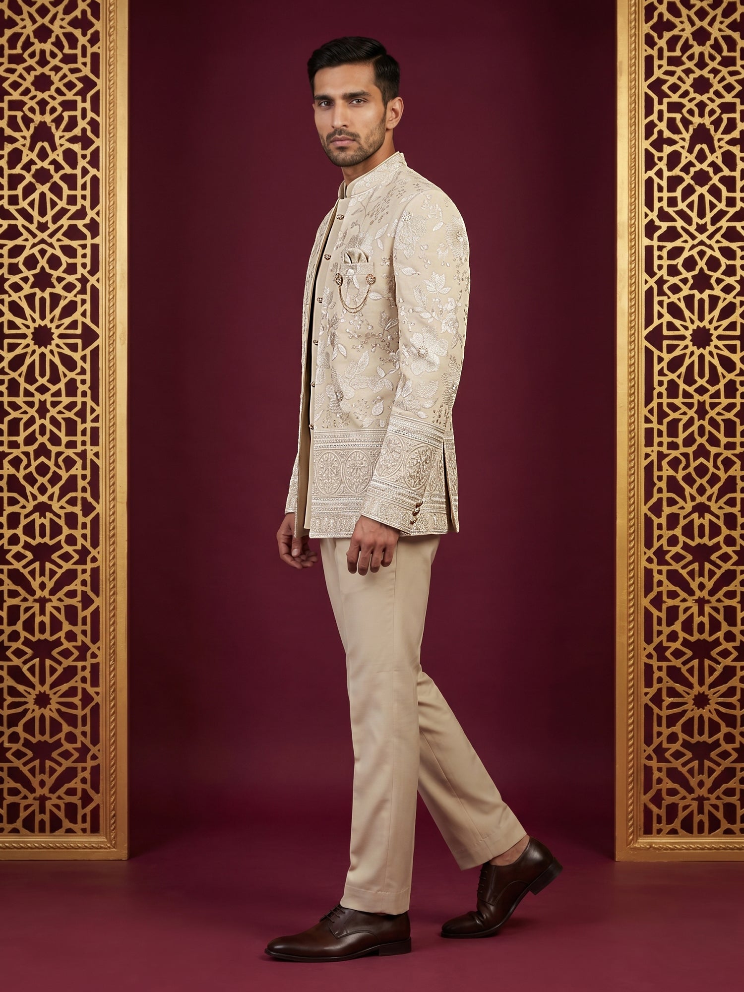 DesiQlo Men Embroidered Indo Western Set - Beige - 50JIND_227Beige_S